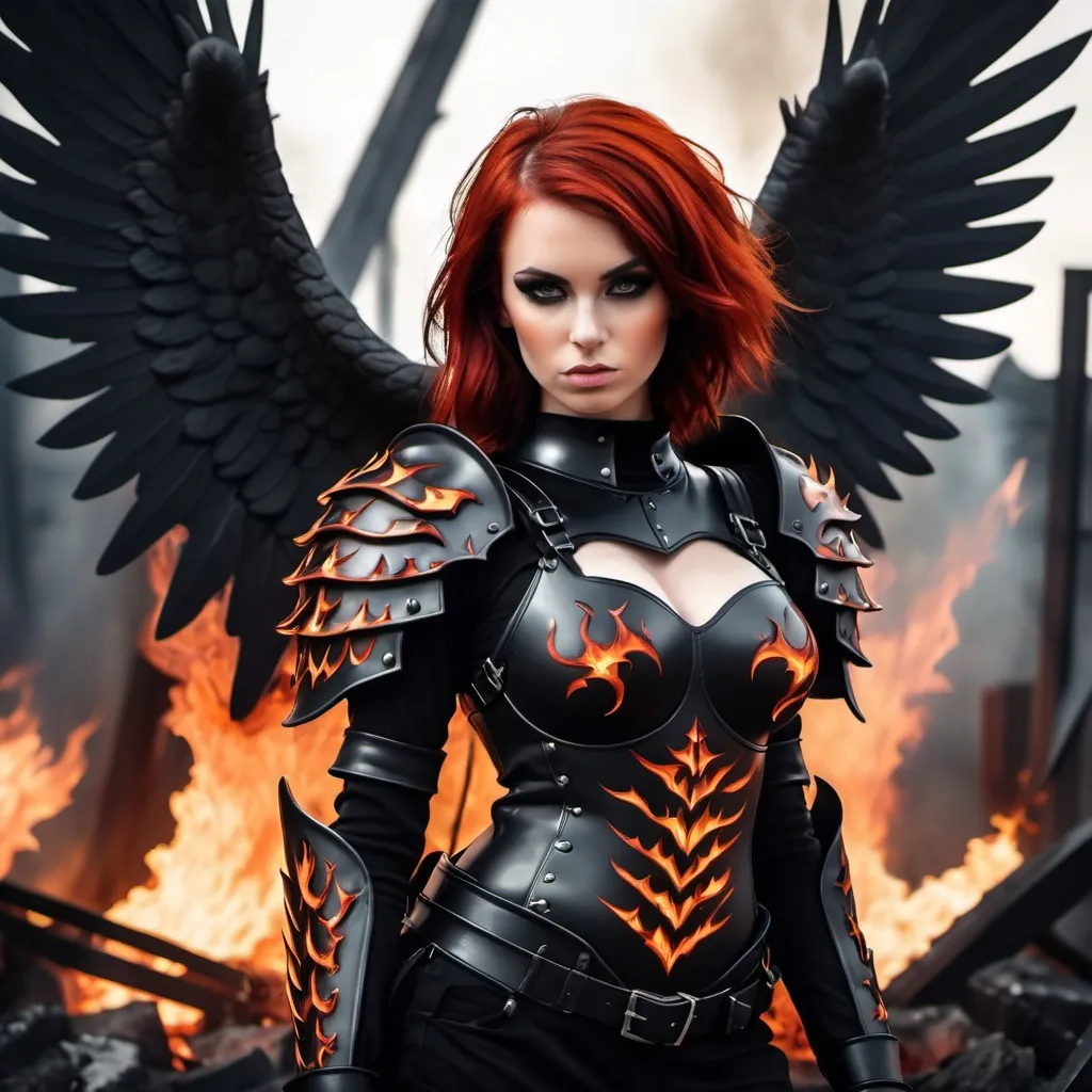 Prompt: Hot girl pyromaniac with a big rack. Modest clothing. Black and red hair, wearing black armor with breastplate. Black angel wings. Fiery ruins behind her.