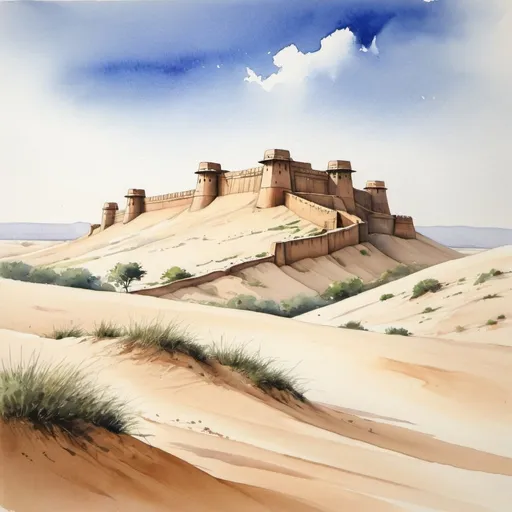 Prompt: Watercolour painting of A distant Indian fort amidst sand dunes