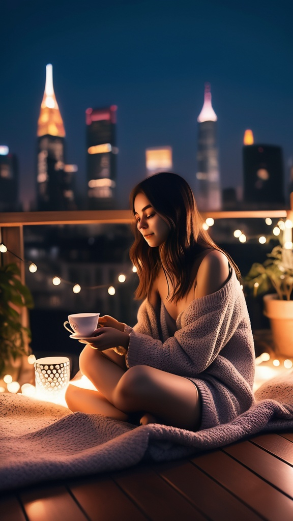 Prompt: 2. Rooftop Tea with Fairy Lights
girl sitting on a rooftop at night under fairy lights, tea cup in hand, city skyline glowing in background, boho cushions and blankets, warm tones, dreamy atmosphere --v 6 --ar 9:16 --style cinematic --q 2
