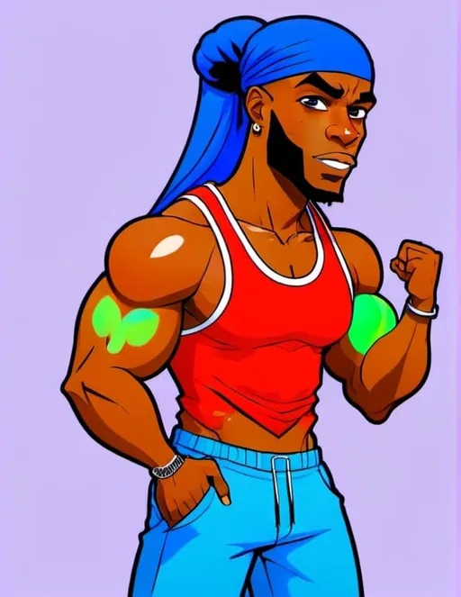 Prompt: a black man with a tank top and a durag and make him have muscles and tattoos make him a cartoon character so 2d 