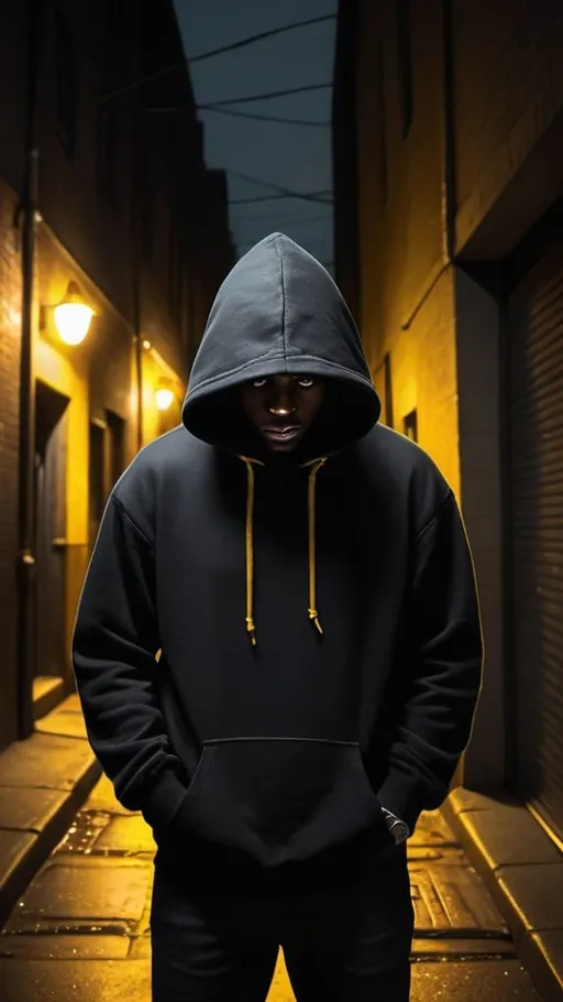 Prompt: Hyper-realistic, Herbert Block inspired illustration of a dark-skinned Man in a dark alleyway, face totally hidden in shadow, hands in hoodie pocket, black pullover hoodie with black pull strings, dim yellowish streetlights, large yellowish moon overhead, eerie atmosphere, detailed shadows, high-quality, hyper-realism, black hoodie, dim lighting, ominous presence, urban setting, horror, dark tones, no visible face, professional