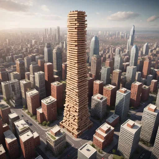 Prompt: create a tower in a large city that resembles a jenga tower