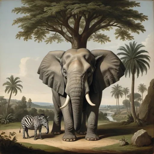 Prompt: Per pale, the dexter of Portugal and the sinister fer fess, the chief an elephant in front of a tree in a landscape, proper; the base a zebra in front of a palm-tree in a landscape proper.