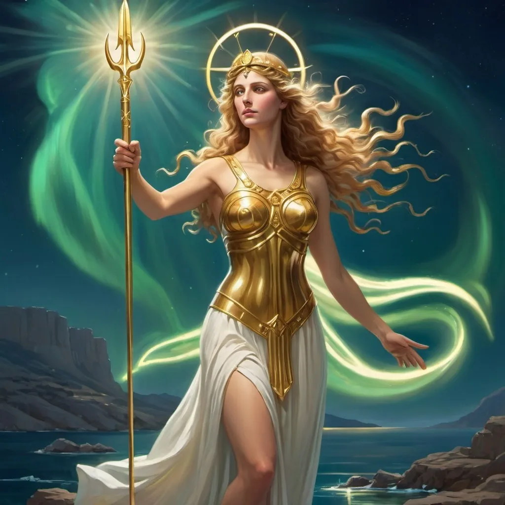 Prompt: Greek goddess shining aurora light with a golden trident 