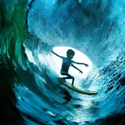 Prompt: An extremely malnourished child surfing a wave of shimmering fiber optic liquid, child is small in frame