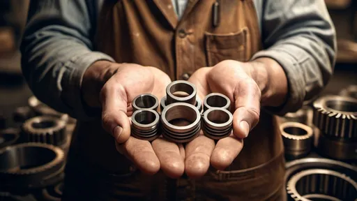 Prompt: A man holding multiple piston rings in each hand. Vintage image