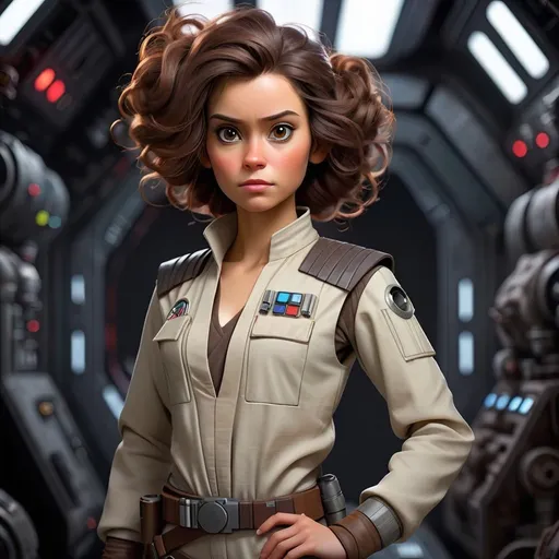 Prompt: create a full body image of a human female engineer in the star wars universe with wild hair and dark brown eyes