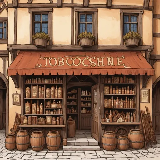 Prompt: To draw a medieval-style tobacco shop scene, use warm colors.Need line drawing
