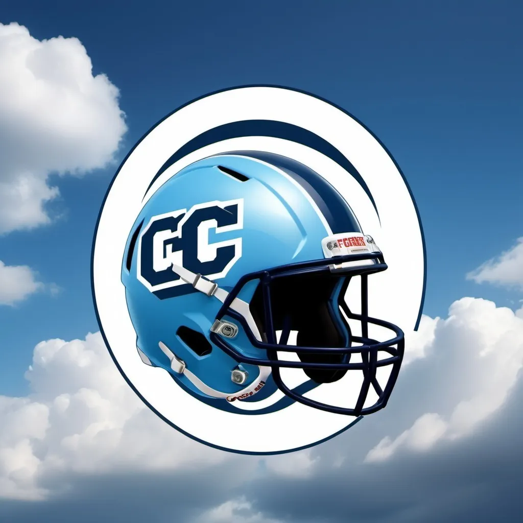 Prompt: Design a light blue sky with clouds and lighting football helmet logo with and initials GC for Gerard's Crusaders. 