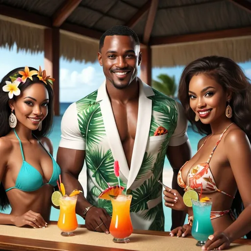 Prompt:  a handsome male african mixologist dressed in tropical wear is serving tiki cocktails to 3 women dressed in bikinis at a table,  attractive women, natural tropical beach, lounge setting , refined and sophisticated atmosphere, high-end 3D rendering, upscale, glamorous, cocktail bar, sophisticated, detailed fur, exclusive, high quality, luxurious, elegant, refined, 3D rendering, stylish, atmospheric lighting