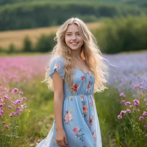 Prompt: beautiful blonde girl standing in a bright flower filled field. There is a creek in the background. The girl is wearing a light blue dress and has slightly curly long hair, that is blown by the wind. She looks in our direction with a gentle smile.
