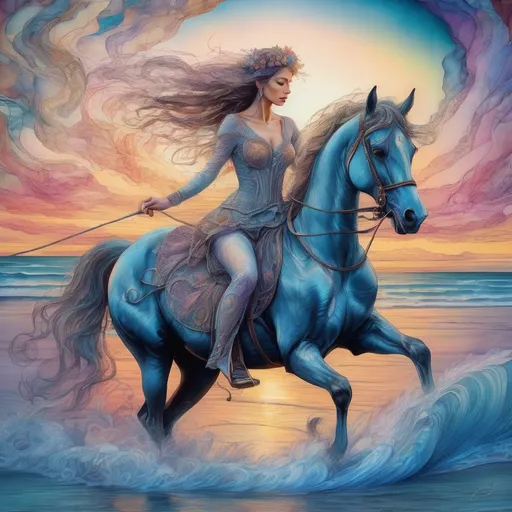 Prompt: Continuous line drawings of woman on a horse riding on a beach pastel colors in the style of Josephine Wall, ice element, Ultrarealistic digital illustration, detailed watercolor drawing on soft paper, Contemporary beautiful art, sensuality, atmospheric, dark fantasy, fantasy, magic, botanical, ethereal, super-detail, psychedelic colors, dark colors, golden ratio, high quality, HDR, 1024k, professional, depth, detailed shading, sharp with pastel colors in the style of Josephine Wall, ice element, Ultrarealistic digital illustration, detailed watercolor drawing on soft paper, Contemporary beautiful art, sensuality, atmospheric, dark fantasy, fantasy, magic, botanical, ethereal, super-detail, psychedelic colors, dark colors, golden ratio, high quality, HDR, 1024k, professional, depth, detailed shading, sharp