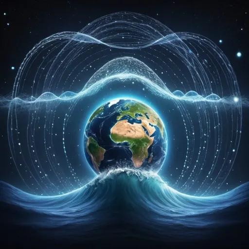 Prompt: Universe with planet Earth and living beings within them (all connected with particles and waves as frequencies present representing this connection). Featured message: ''Everything is a wave, we are all connected''