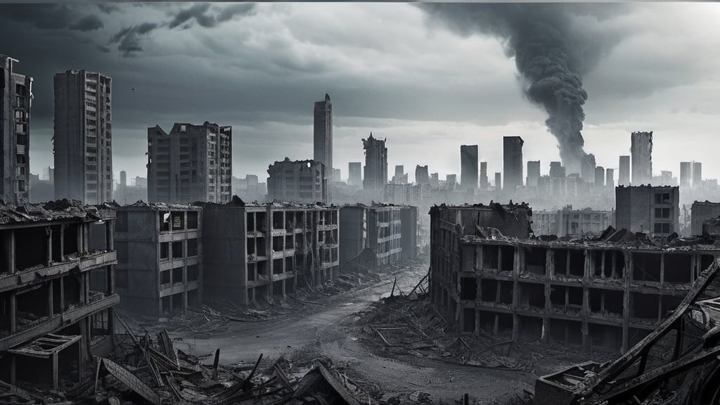 Prompt: destroyed city with a dark sky and ash in the air apocalyptic style 