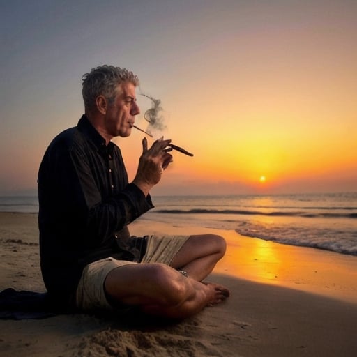 Prompt: Anthony Bourdain smoking an opium pipe on the beach at sunset


