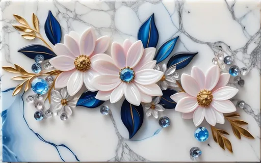 Prompt: a painting of flowers on a marble background with blue crystals and leaves on the petals of the flowers