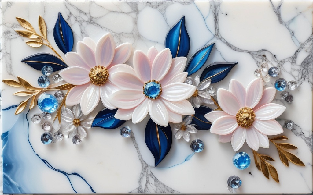 Prompt: a painting of flowers on a marble background with blue crystals and leaves on the petals of the flowers