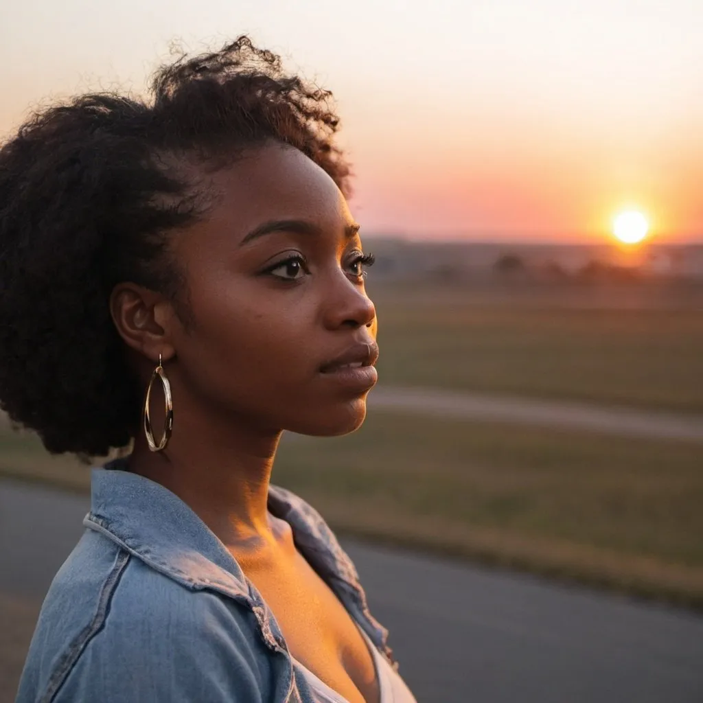 Prompt: A young black woman looking at sunset