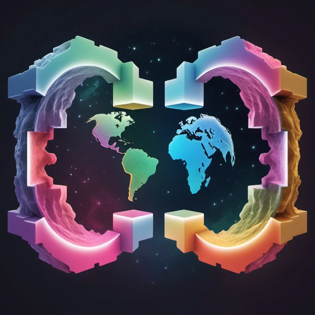 Prompt: a digital pangea separated in colors being help up by 4 pillars in digital space