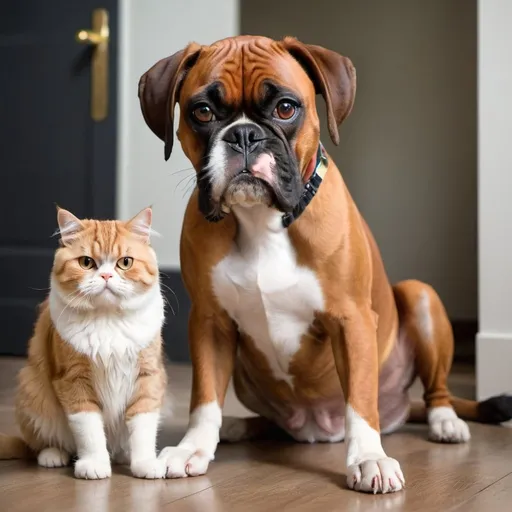 Prompt: charge the boxer dog and persian cat