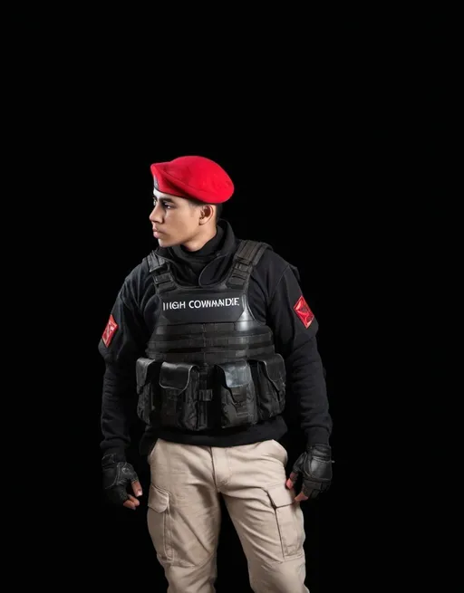 Prompt: Young man in military uniform wearing armor with "High Commander" written on it and red hat standing in the dark with his hands in his pockets and facing to the side, cobra, action pose, portrait