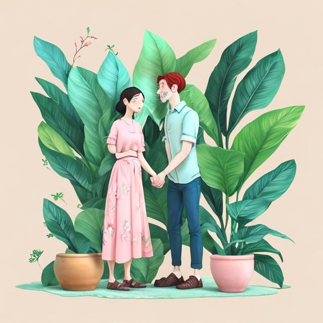 Prompt: Animated illustration of Leon and Matilda holding hands with aglaonema flower between them, heartwarming gesture, soft pastel colors, detailed expressions, high quality, animated, heartwarming, pastel tones, detailed features, emotional, professional