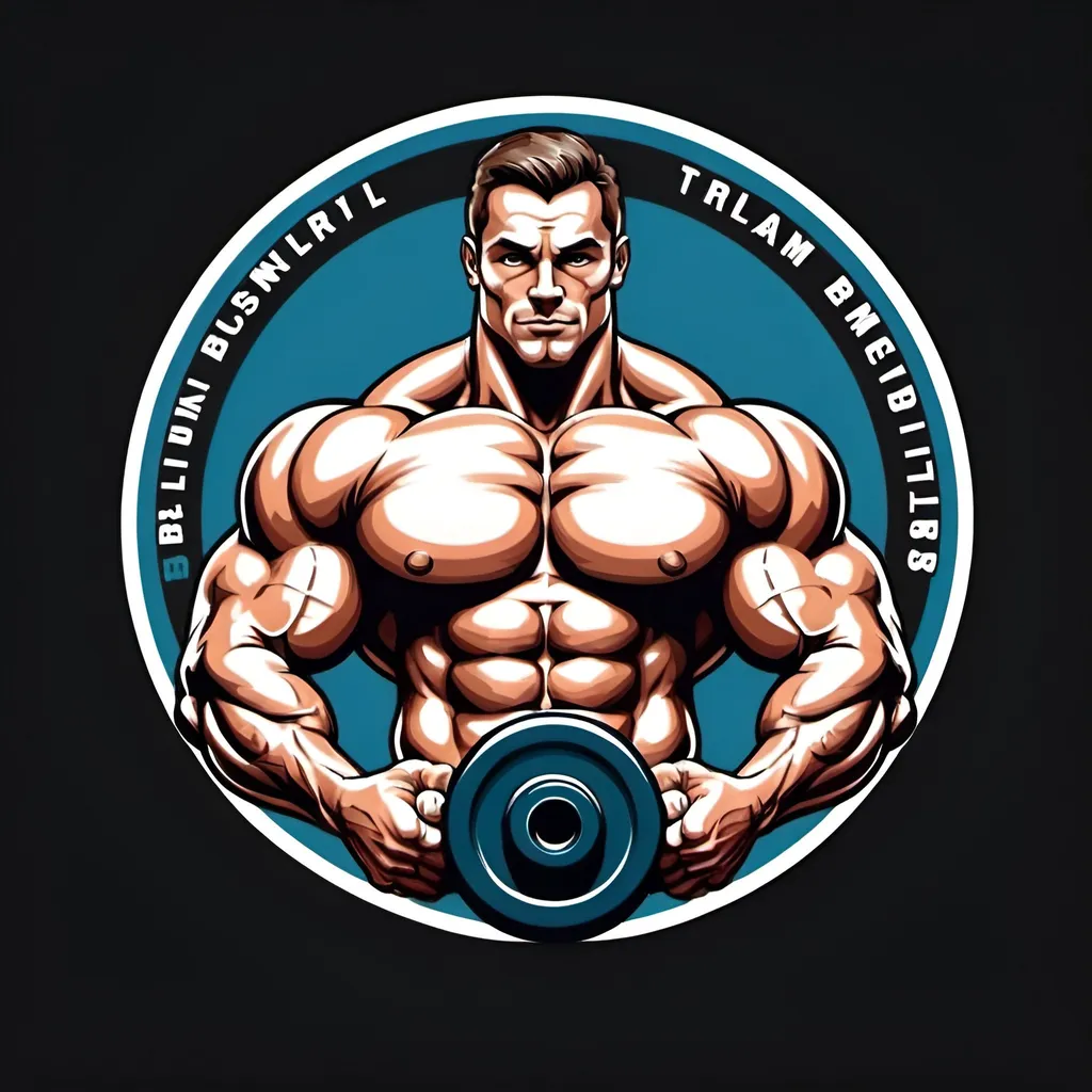 Prompt: Bodybuilder holding dumbells in a logo. 