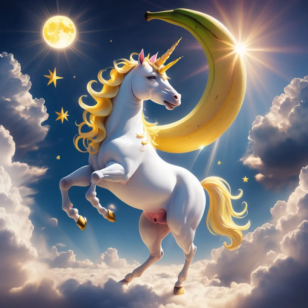 Prompt: a unicorn dancing with a banana on the clouds and the sun is half shining with the moon is shining


