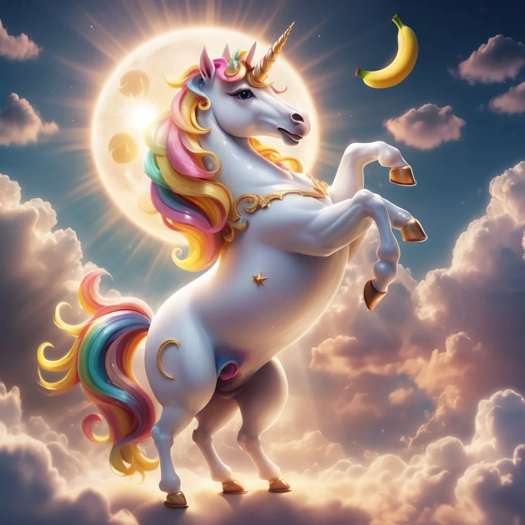 Prompt: a unicorn dancing with a banana on the clouds and the sun is half shining with the moon is shining


