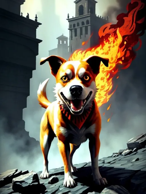 Prompt: mutt dog in an insanely detailed environment of fire and hell