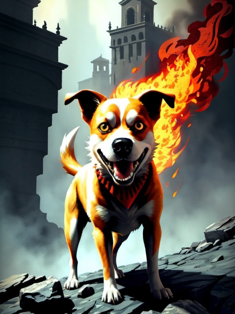 Prompt: mutt dog in an insanely detailed environment of fire and hell