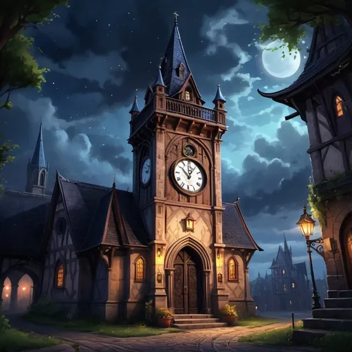 Prompt: a freestanding tall gothic clock tower, in a medieval fantasy town, heavy arched door with rivets, fey motifs, fantasy, intricate, classic embellishments, dark twilight sky above, 
highly detailed, digital painting, artstation, concept art, sharp focus, full body illustration
