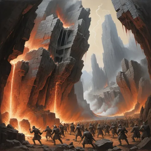 Prompt: brutalism, magnificent, masterpiece, volumetric lighting, oil painting done by Keith Parkinson and Bayard Wu, jutting rock formations erupting from a biblical hell landscape, carnage of medieval proportions, monochromatic, fine line work, an army of stereo typical devils are threading their way in military columns into the foreground