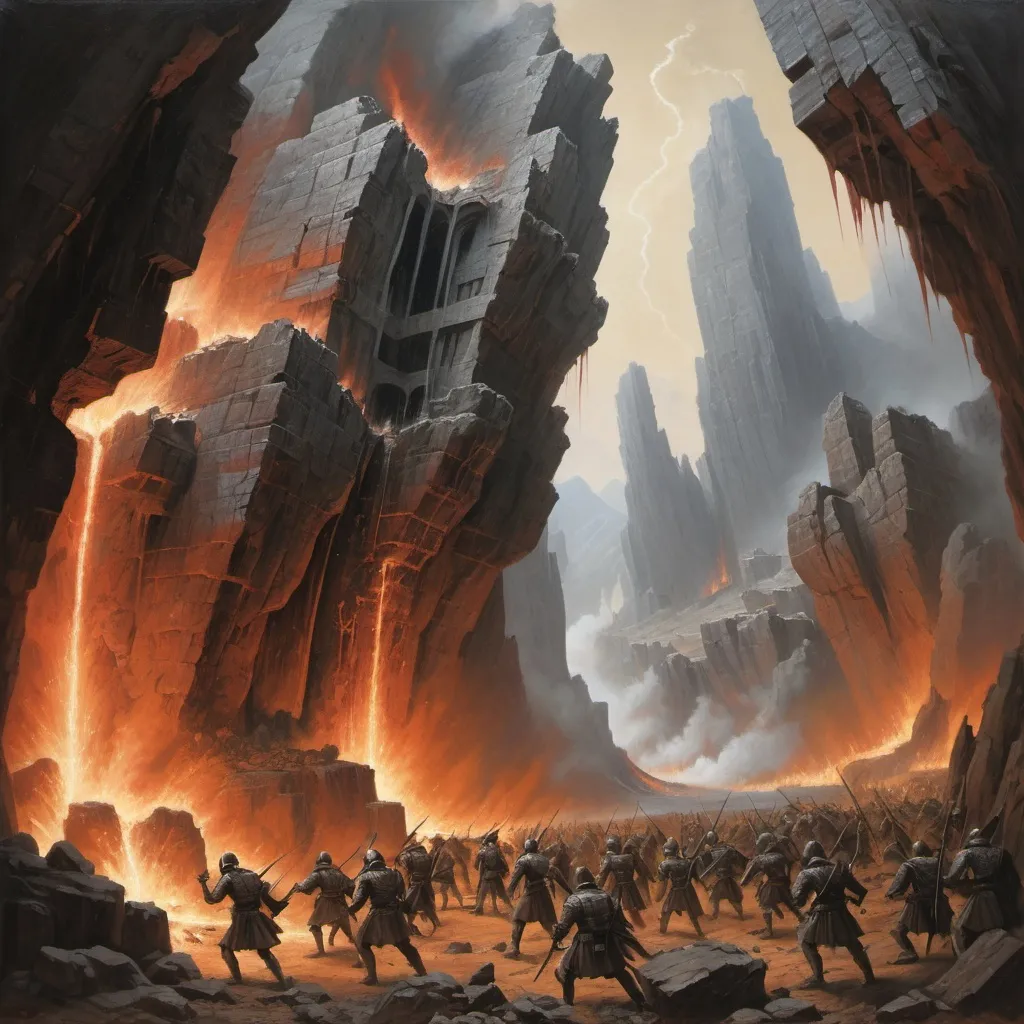 Prompt: brutalism, magnificent, masterpiece, volumetric lighting, oil painting done by Keith Parkinson and Bayard Wu, jutting rock formations erupting from a biblical hell landscape, carnage of medieval proportions, monochromatic, fine line work, an army of stereo typical devils are threading their way in military columns into the foreground