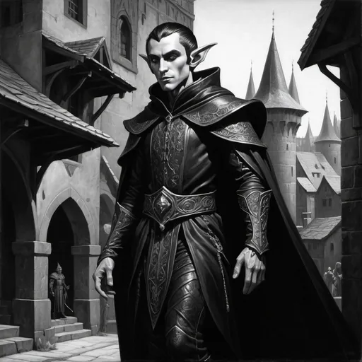 Prompt: detailed black and white painting of a black obsidian carved noble male elf figure wearing fine clothing angular features he might be mistaken for a living being, his skin is pure black, set against a backdrop of a busy medieval town, acrylic, detailed, full body pose, volumetric lighting, Gerald Brom, Darius Sawadzki, high contrast