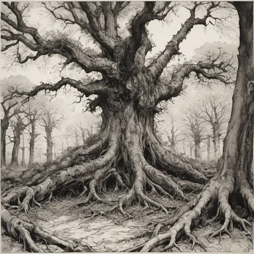 Prompt: detailed line drawing, india ink, pen and ink, an old forest of oak and chestnut growing all around, a massive trees has fallen over expsing its vast web of roots to the viewer, rich vegetation, drawn as though standing in the middle of the forest to capture the majesty, duotone, high contrast, Arthur Rackham