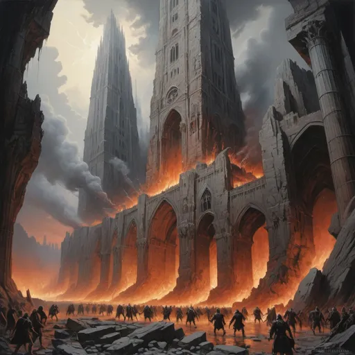 Prompt: brutalism, magnificent, masterpiece, volumetric lighting, oil painting done by Keith Parkinson and Bayard Wu, jutting rock formations erupting from a biblical hell landscape, a magnificent gothic cathedral is embedded in the stone, carnage of medieval proportions, monochromatic, fine line work, an army of stereo typical devils are threading their way in military columns into the foreground