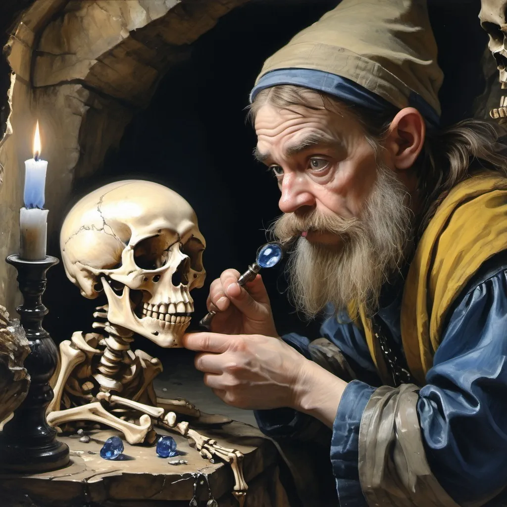 Prompt: Close up portrait style painting, rich oil paints, Vermeer, Arthur Rackham, a dwarf examines a large cut sapphire through a jewelers loupe, his mouth is slightly open in wonder, one eye is squeezed shut, the background is a dark wet cavern, the foreground is the moldering bones of a skeleton still wearing shreds of clothing and armour, candle light focuses the viewers eye on the dwarfs expression, dramatic, realistic