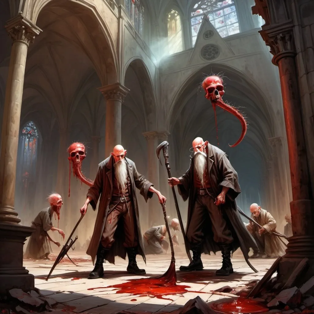 Prompt: wirey emaciated old men wearing only a shirt vest pants and oversized boots, each has a red blood soaked renaissance hat on their bald head, scraggly white facial hair, detailed painting, fantasy setting, scene is inside an old cathedral tower, they are menacing warriors using long scythes as weapons
