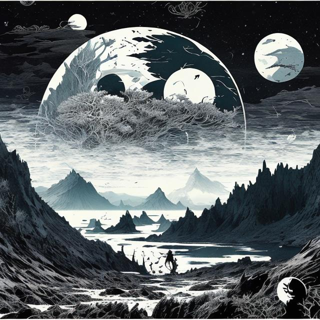 Prompt: impressive fantasy open ocean barren landscape, beautiful line art, pure b & w, etching illustration, square sticker, by joe fenton and greg rutkowski