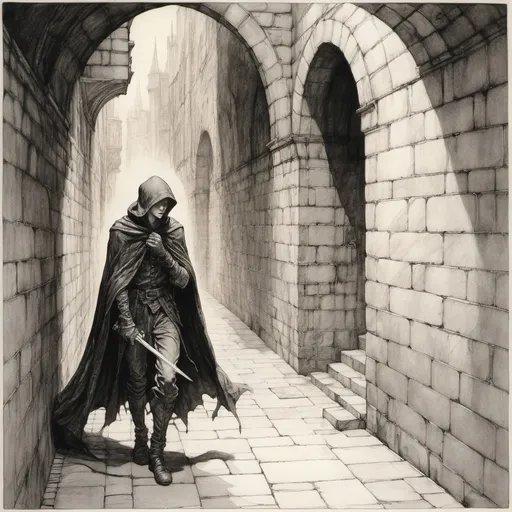 Prompt: More shadow and cloak than elf, a lithe assassin pulls itself from a solid brick wall of marble in a fantasy alley 
as though it was ethereal rather than flesh and bone, Arthur Rackham, Alan Lee, duotone ink drawing, magnificent line work, detailed, dim lighting, 