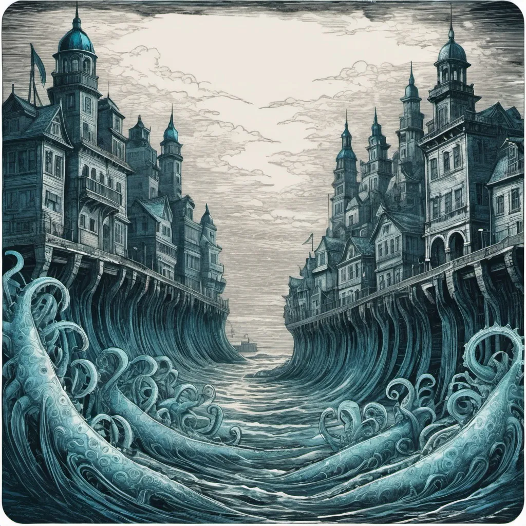 Prompt: neon blue eyed sea horrors emerging from the ocean onto a old fantasy city, beautiful line art, , etching illustration, square sticker, masterpiece