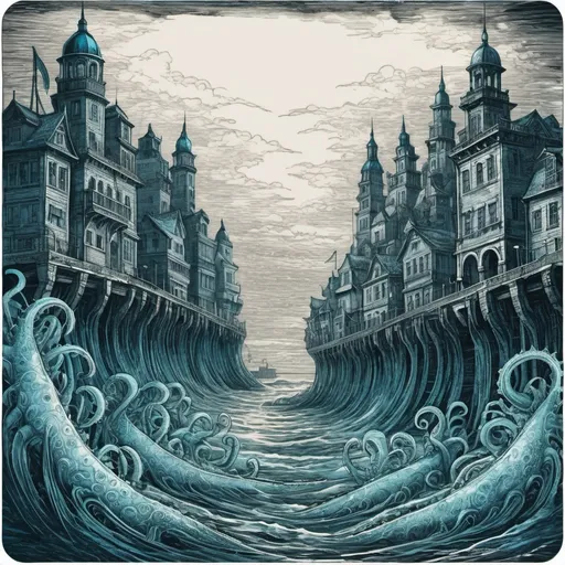 Prompt: neon blue eyed sea horrors emerging from the ocean onto a old fantasy city, beautiful line art, , etching illustration, square sticker, masterpiece