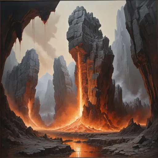 Prompt: brutalism, magnificent, masterpiece, volumetric lighting, oil painting done by Keith Parkinson and Bayard Wu, jutting rock formations erupting from a biblical hell landscape, carnage of medieval proportions, monochromatic, fine line work