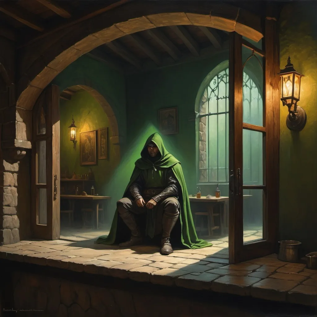 Prompt: brutalism, magnificent, masterpiece, volumetric lighting, oil painting done by Randy Vargas and Bayard Wu, a menacing cloaked rogue sits in a deeply shadowed bay window of a medieval tavern, he is looking out the decorative window at two city guards beating a man in the street, dim light cast from a green moon that is outside the frame of the painting, realistic, detailed, dramatic