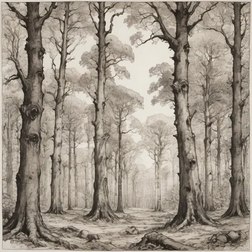 Prompt: detailed line drawing, india ink, pen and ink, an old forest of oak, chestnut and gum trees, extend for miles, rich vegetation, forest in the foreground, drawn as though standing in the middle of the forest to capture the majesty, tritone, high contrast, Arthur Rackham