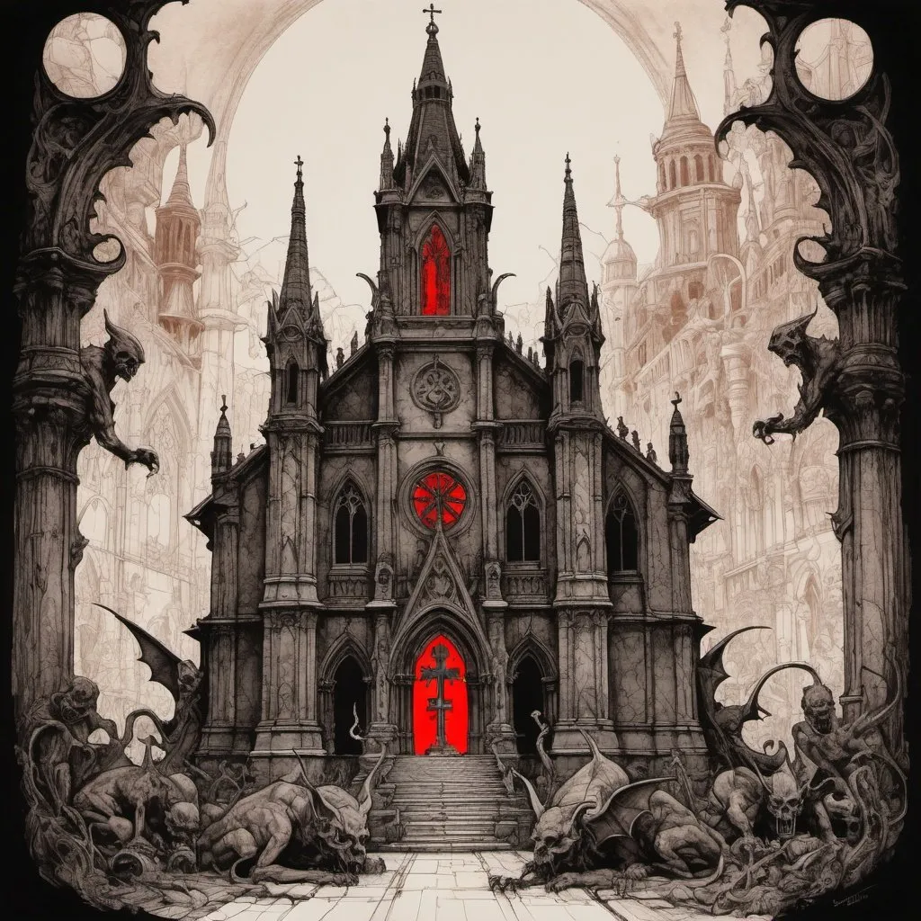 Prompt: detailed line drawing, india ink, pen and ink, neon sepia red, a diabolical church of evil complete with gargoyle statuary, evil, dark, very detailed, monotone, high contrast, Dyson Logos, Arthur Rackham