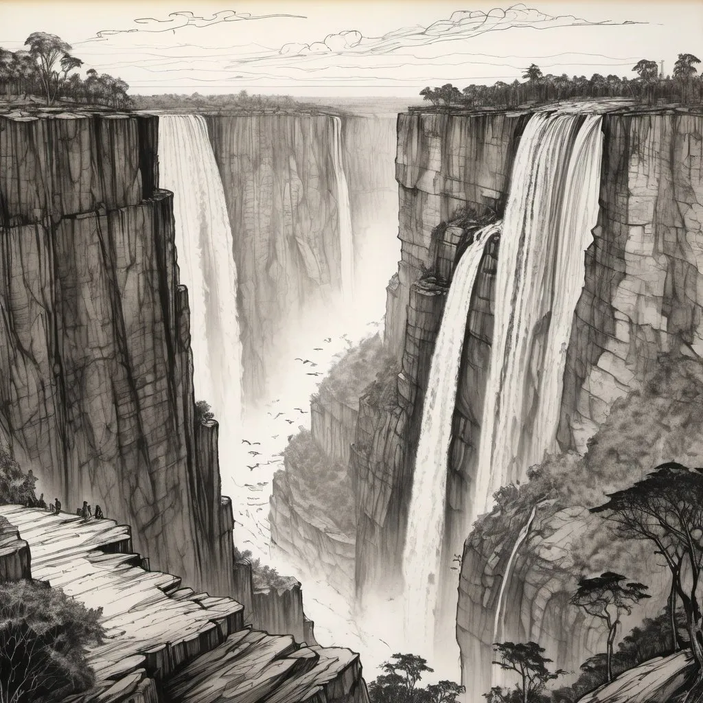 Prompt: detailed line drawing, india ink, pen and ink, the wide face of an epic sized escarpment with intermittent waterfalls similiar to Victoria Falls, nno foreground, drawn as a panorama from a distance to capture the majesty, monotone, high contrast, Arthur Rackham