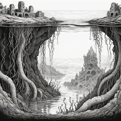 Prompt: deep submerged fantasy image of organic tendrils of organic rock growing from a sunken city to the surface of the ocean above, beautiful line art, b and w, etching illustration, square sticker, masterpiece