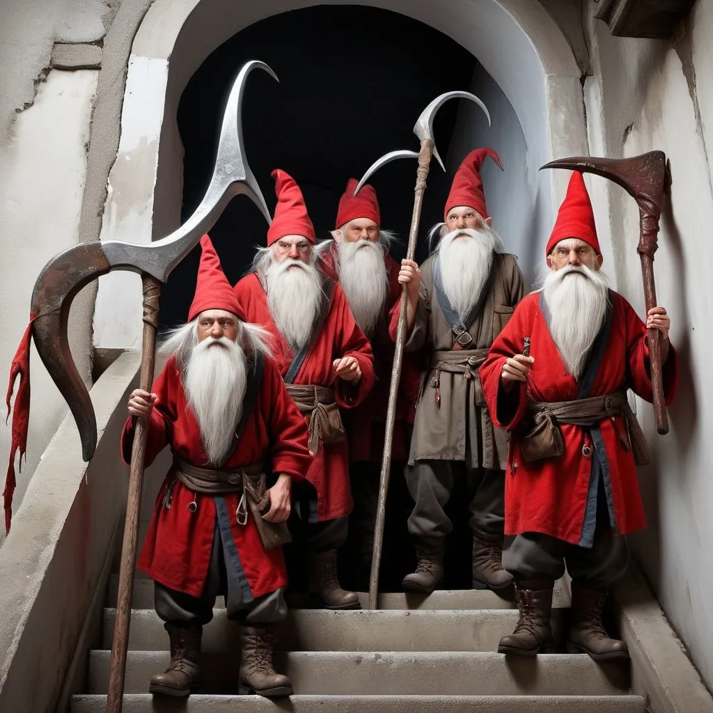 Prompt: several emaciated child-sized thin wirey old men holding reaper scythes as weapons, standing guard on a stairwell inside an old tower, large boots, each wears a red blood soaked kerchief hat, wearing vests and breeches, emaciated, menacing, gnome or goblin-like warriors, fantasy, intricate, white hair, mean little men, highly detailed, painting, artstation, concept art, sharp focus, full body illustration